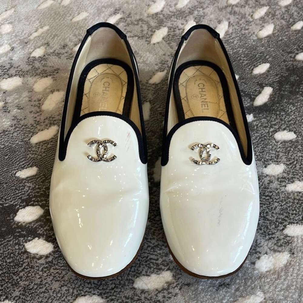 CHANEL white patent leather loafers